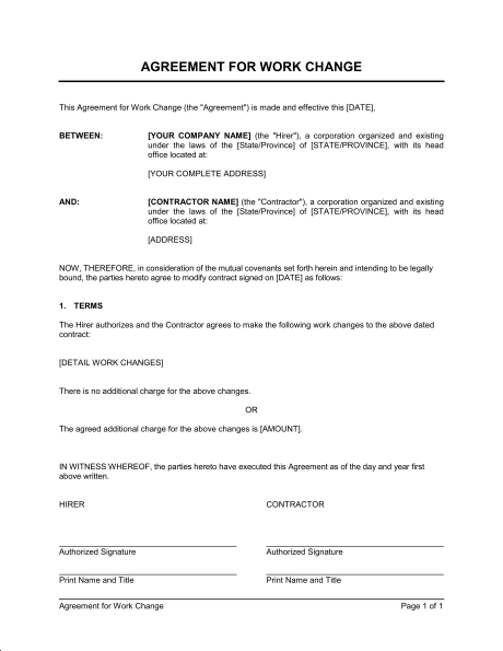 work agreement template agreement for work change template sample 