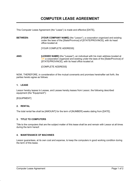 working agreement template computer lease agreement template 
