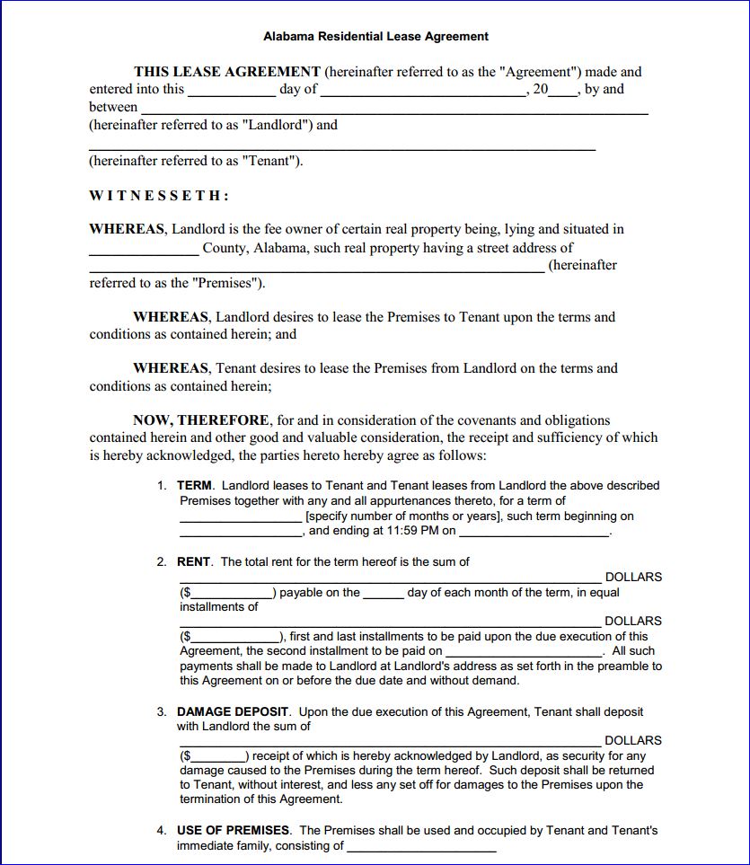 Free Printable Alabama Residential Lease Agreement Printable 