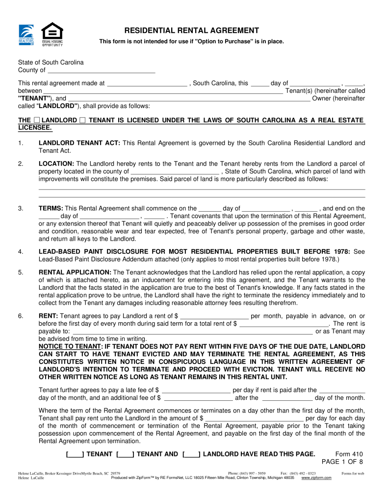 Free South Carolina Association of Realtors Lease Agreement | Form 