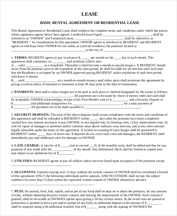 basic rental agreement or residential lease filled out basic 
