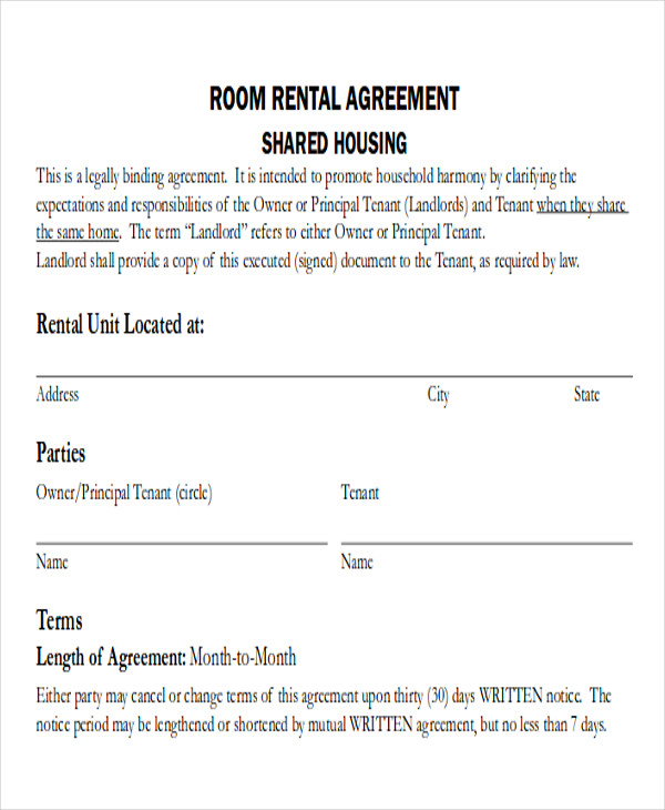 Rental Room Agreement Form | Gratulfata