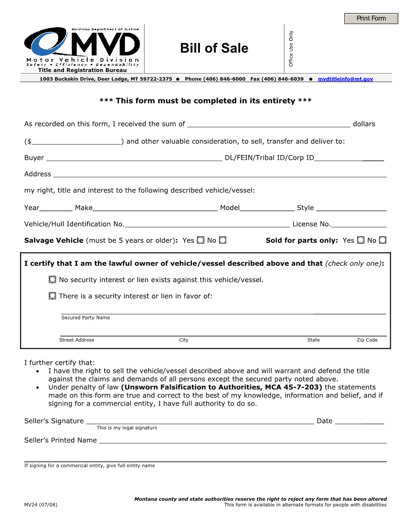 Free Montana Vehicle Bill of Sale Form Download PDF | Word