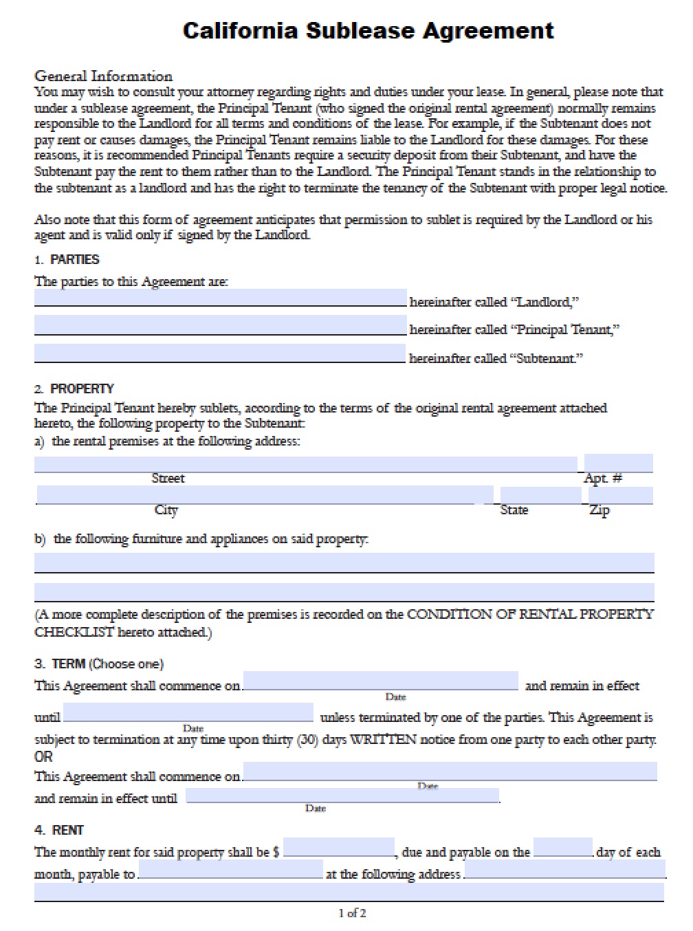sublease agreement template word