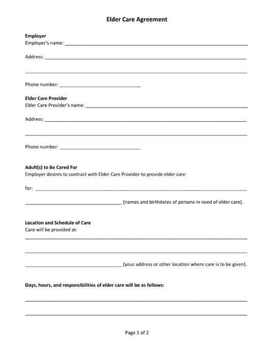 Free printable PDF form. Elder care agreement. | Free Legal Forms 