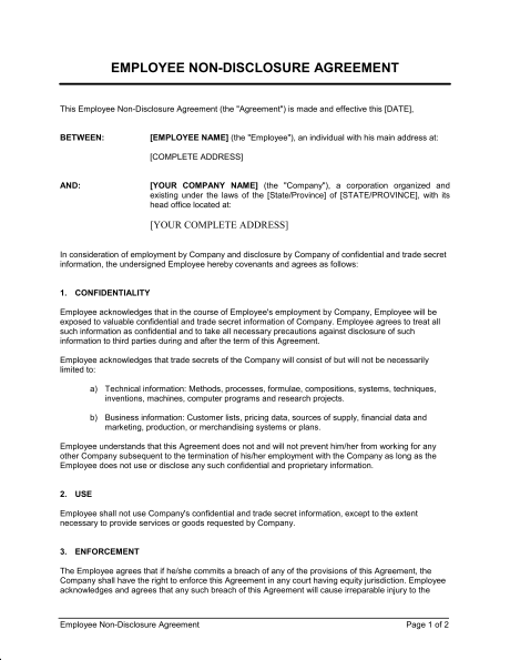 Employee Non Disclosure Agreement Template & Sample Form 