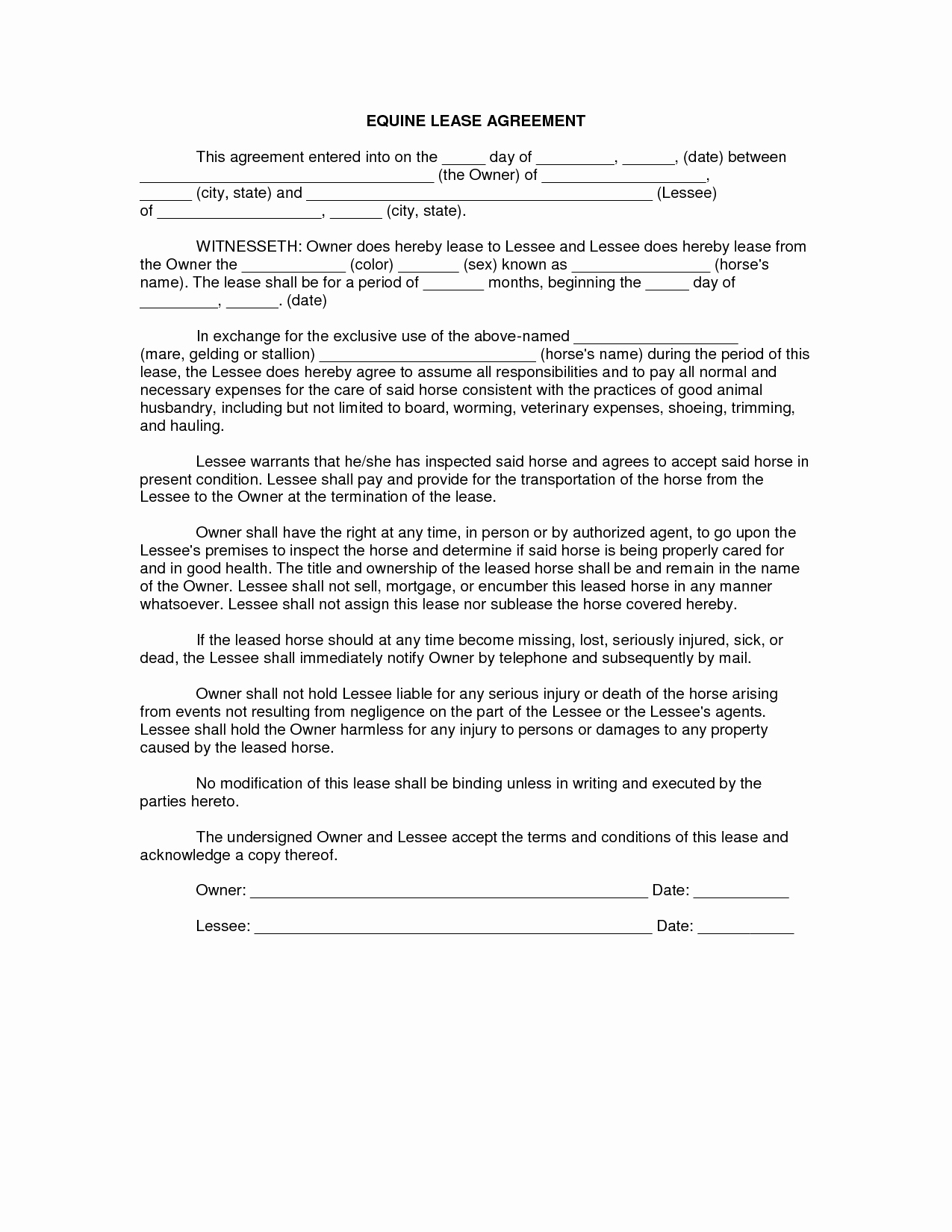 Horse Lease Agreements Templates