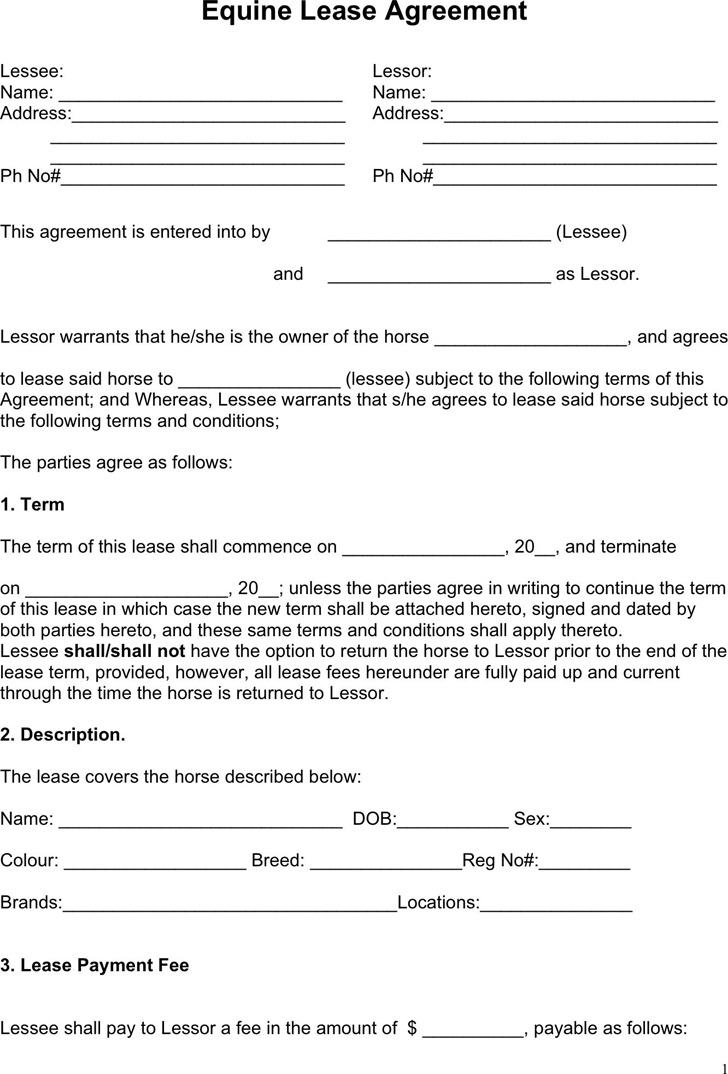 Horse Lease Agreements Templates