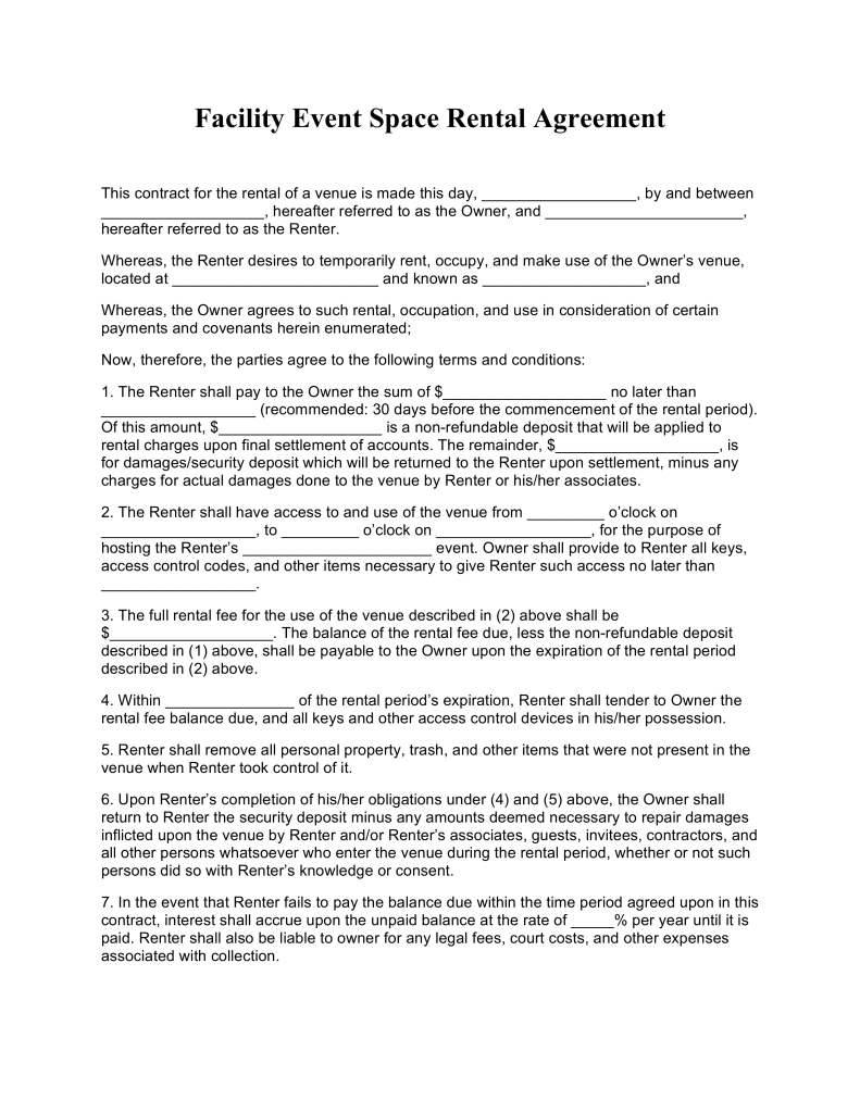Free Event Facility Space Rental Agreement Template PDF | Word 
