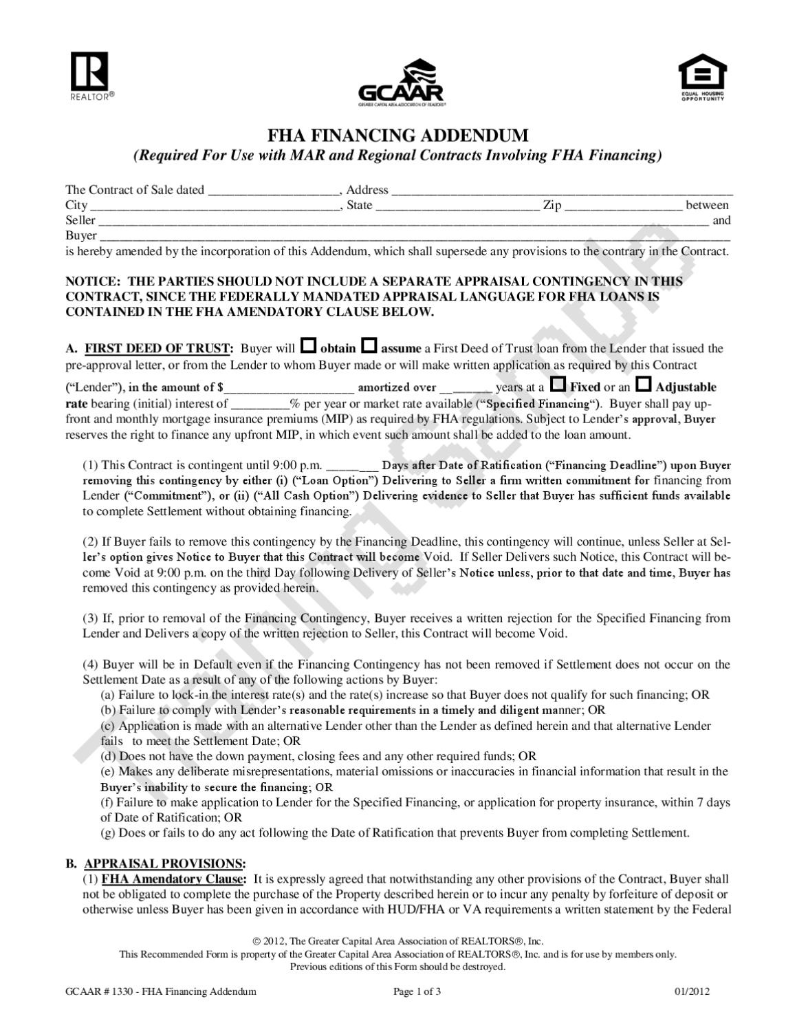 Fha Purchase Agreement Addendum Pdf Advanced Wm1330 Fha Financing 