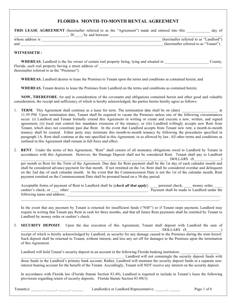 Free Florida Month to Month Rental Agreement Template Word | PDF 