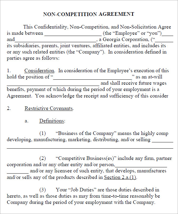 Non Compete Agreement Free Template Free Non Compete Agreement 