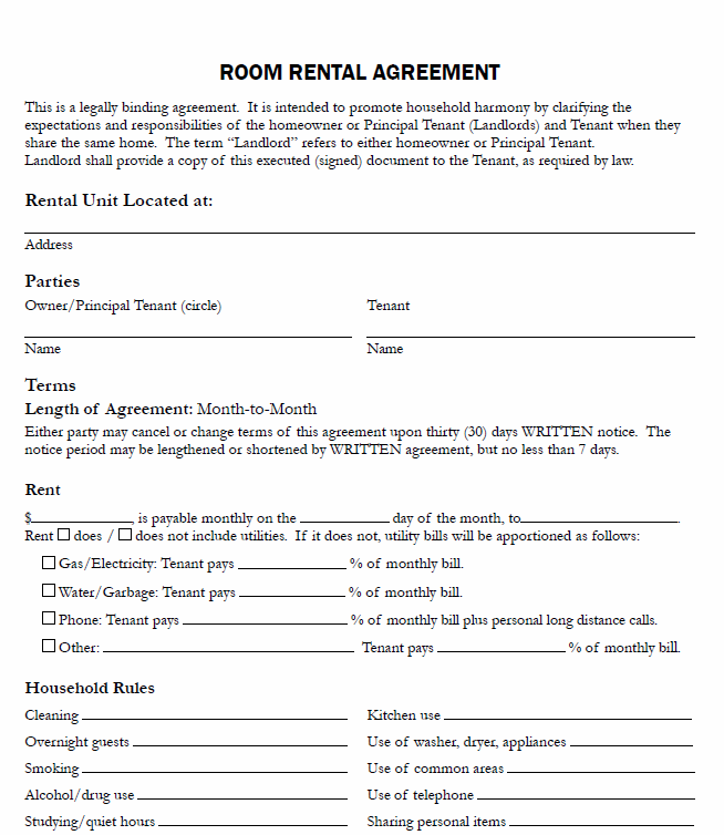 room and board agreement template free printable room rental 