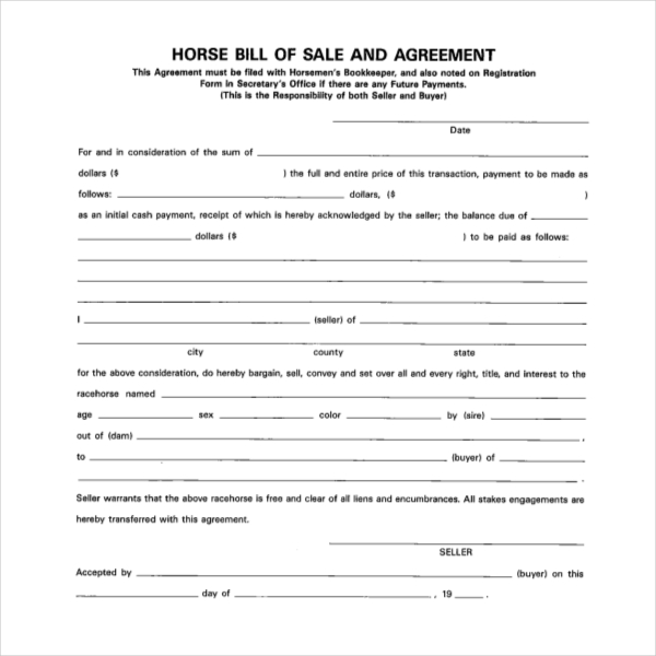 bill of sale agreement template horse sale agreement template 
