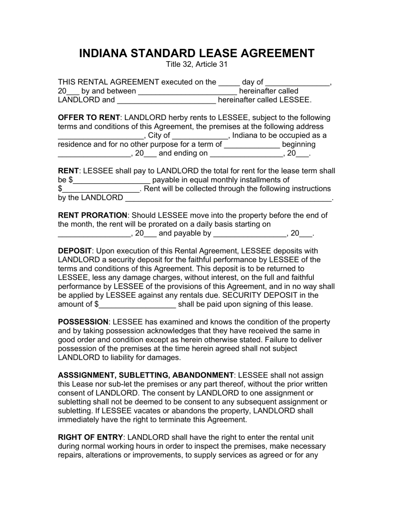 Free Indiana Standard Residential Lease Agreement Template PDF 