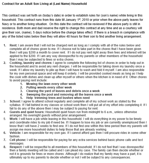 living agreement contract template parentchild contract for an 