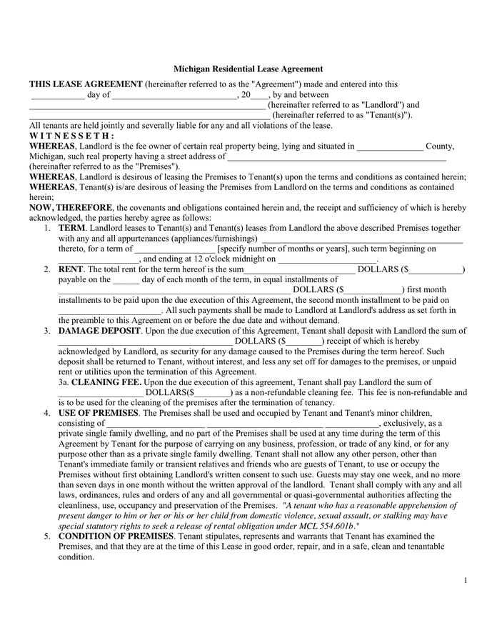 Michigan Residential Lease Agreement in Word and Pdf formats