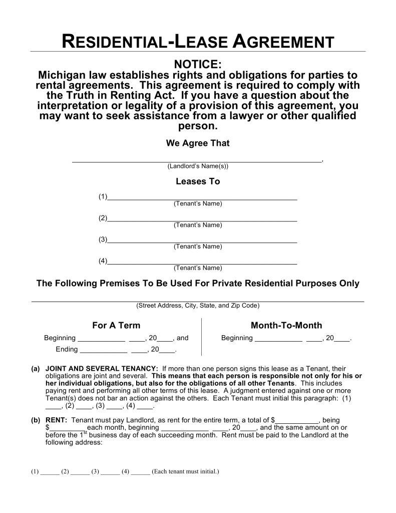 Free Michigan Residential Lease Agreement Template Word | PDF 