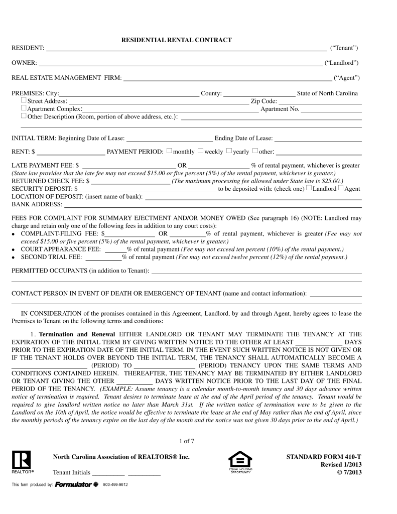 North Carolina Realtors Residential Lease Agreement | FORM 410 T 
