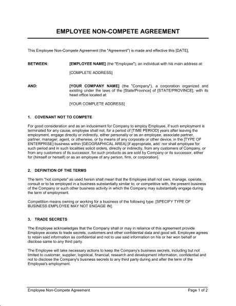 Employee Non Compete Agreement Template & Sample Form | Biztree 