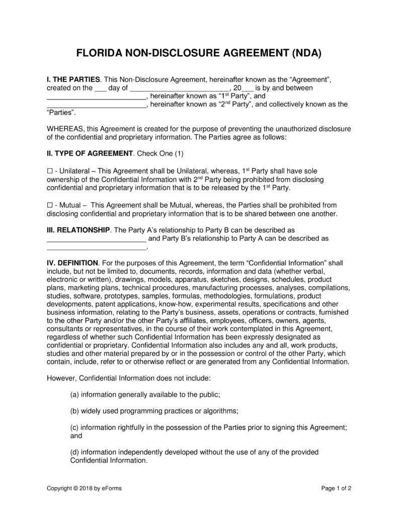 Florida Non Disclosure Agreement (NDA) Template | eForms – Free 