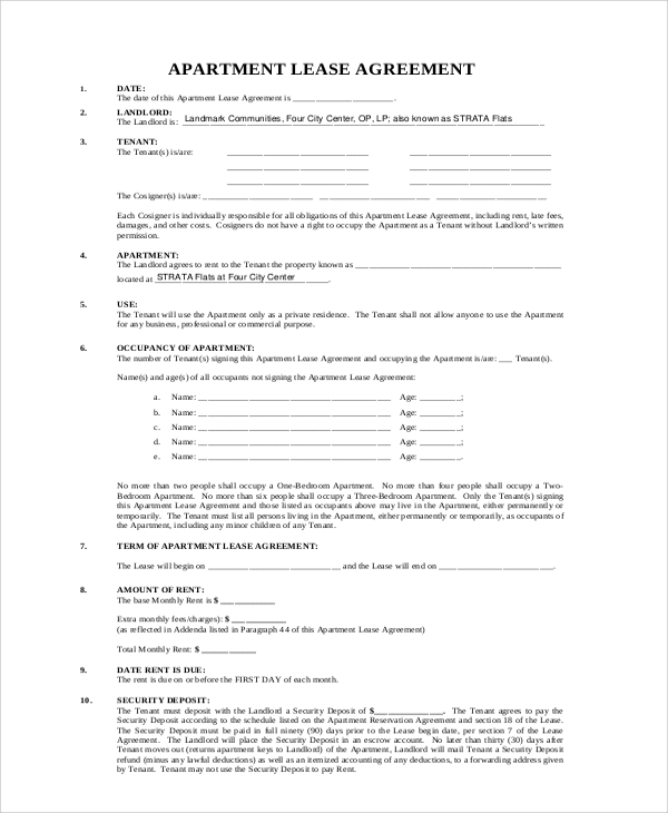 8+ Sample Apartment Lease Agreements – PDF, Word | Sample Templates