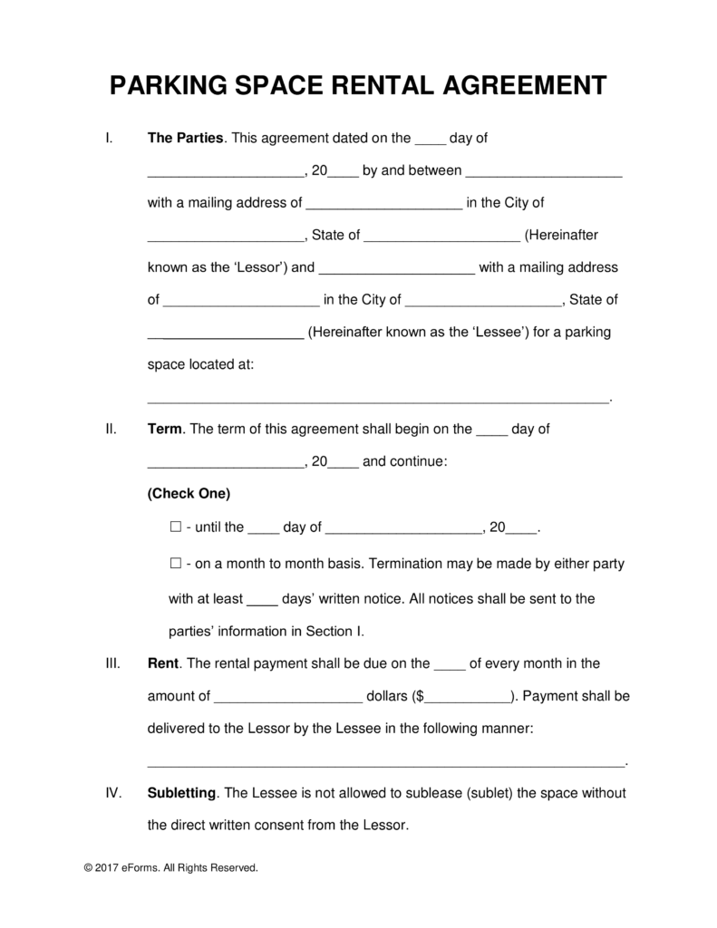 Free Parking Space Rental Lease Agreement Template PDF | Word 
