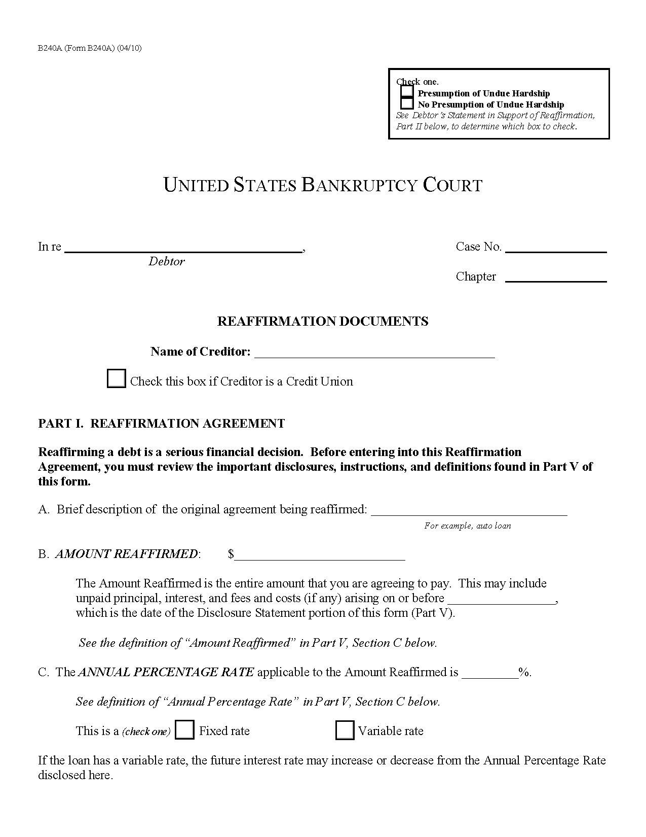Form B 240A Reaffirmation Documents (4/10)