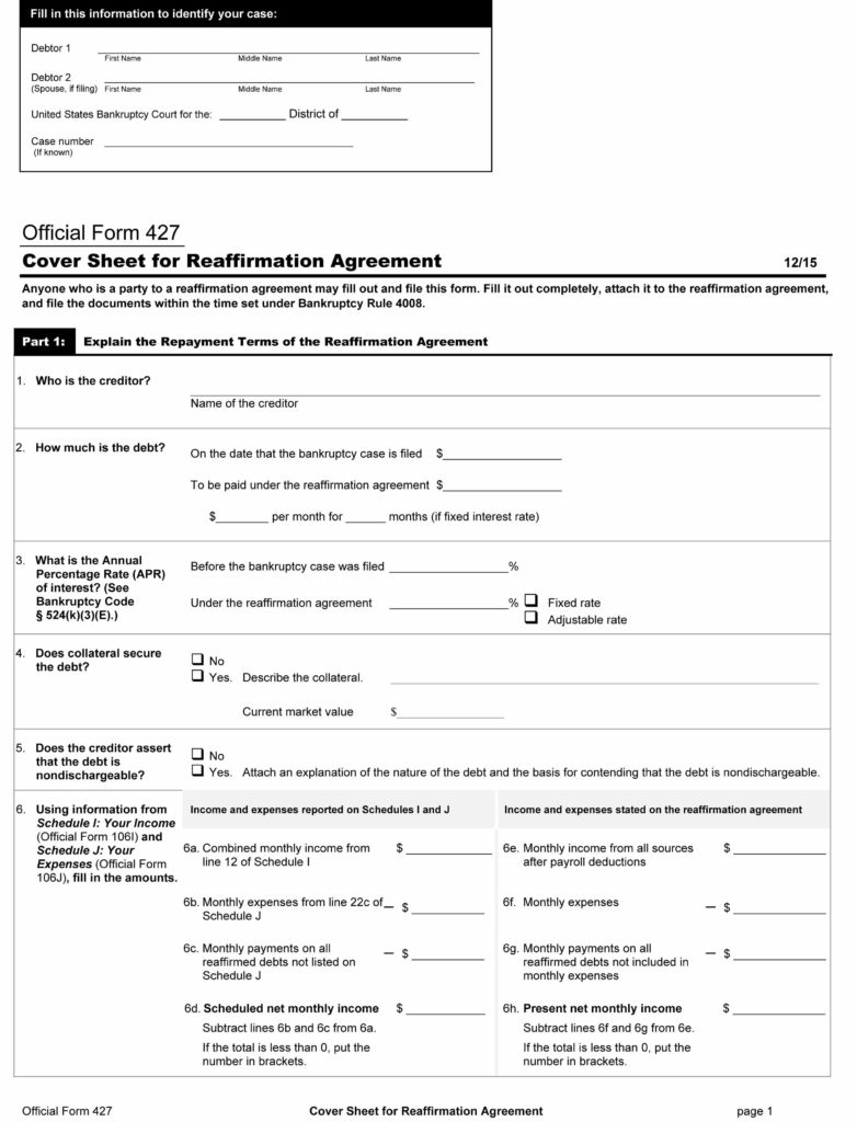 Free Official Form 427, Cover Sheet for Reaffirmation Agreement 