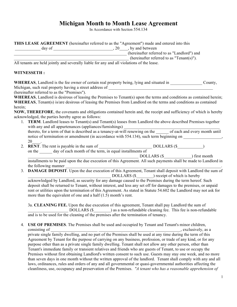 Free Michigan Month to Month Rental Agreement Template Word 