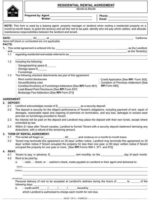 Residential Rental Agreement – Month to Month — RPI Form 551 