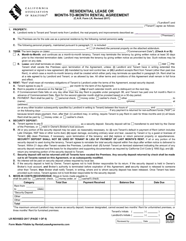 Free California Association of Realtors (C.A.R.) Lease Agreement 