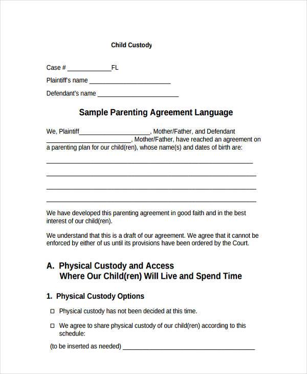 child custody agreement without court template sample custody 