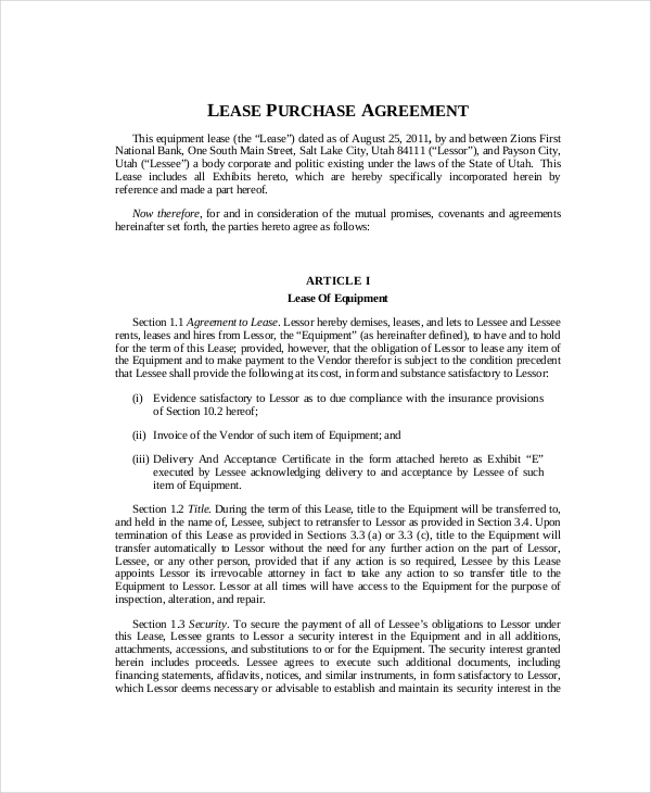 equipment lease purchase agreement template lease purchase 