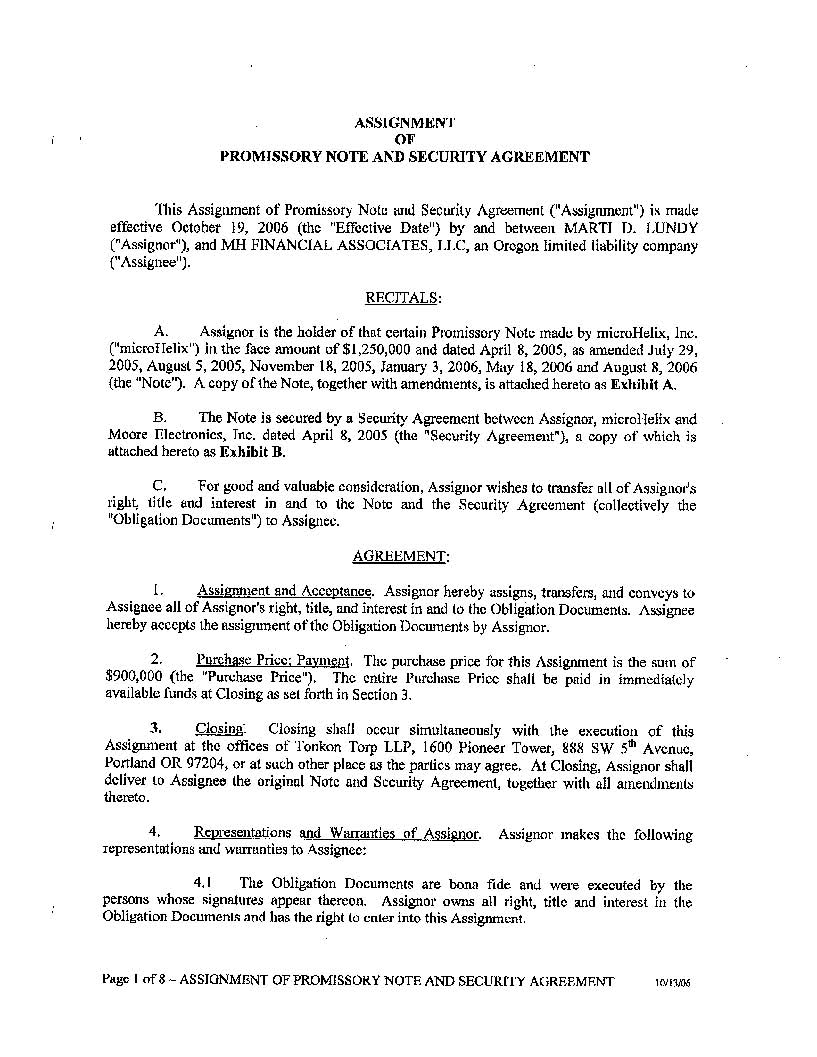Assignment of Promissory Note and Security Agreement dated October 