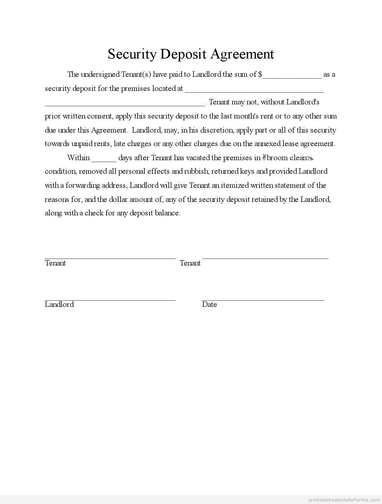 Sample Printable security deposit agreement Form | Sample Real 