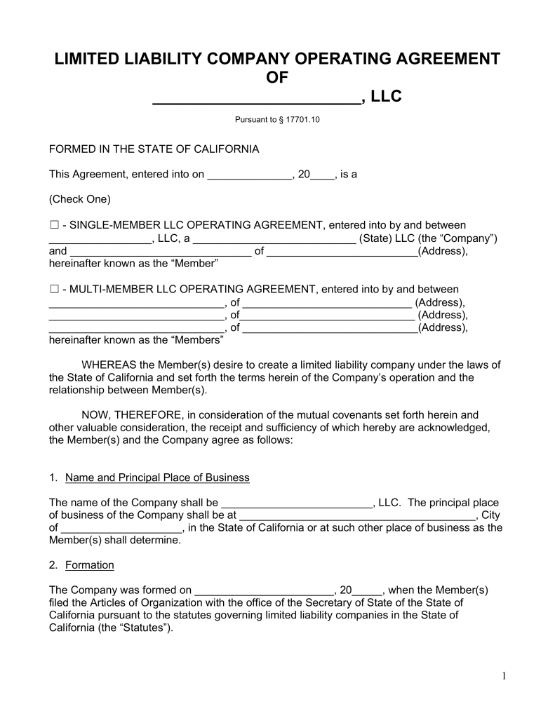 California Single Member LLC Operating Agreement Free LLC 
