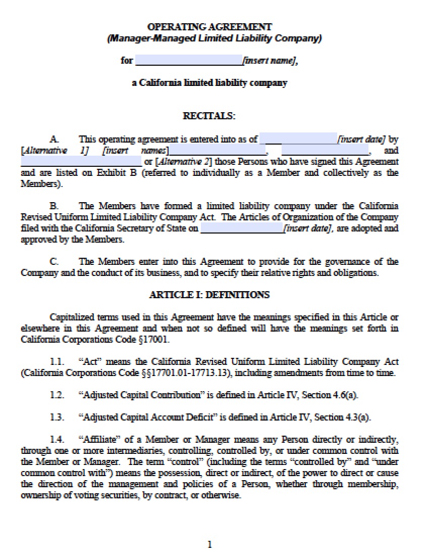 Free California LLC Operating Agreement Forms PDF | Word 