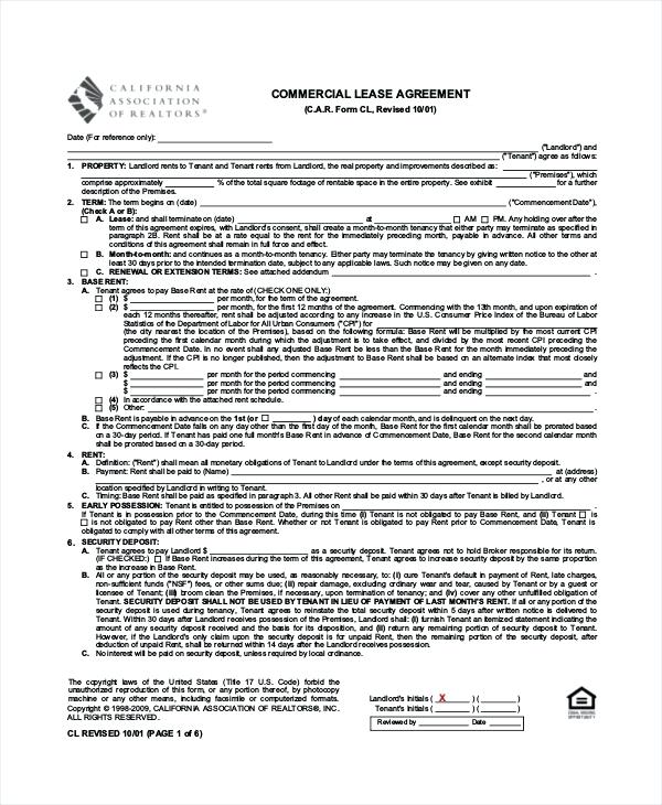 Standard Commercial Lease Agreement Property Free Template South 