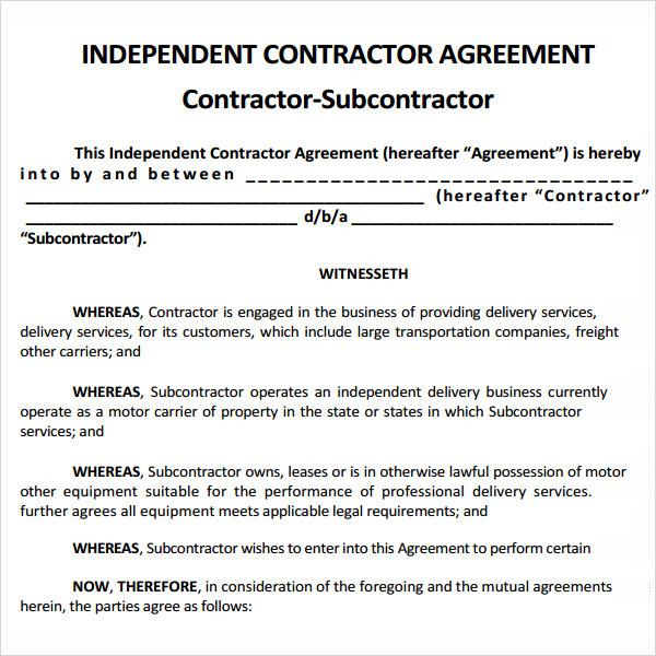 independent subcontractor agreement template subcontractor 