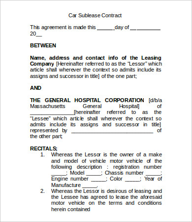car sublease agreement template sublease contract template 8 free 