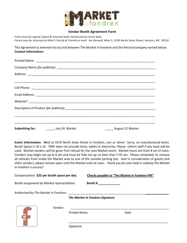 The MARKET in Fondren Vendor Agreement Form